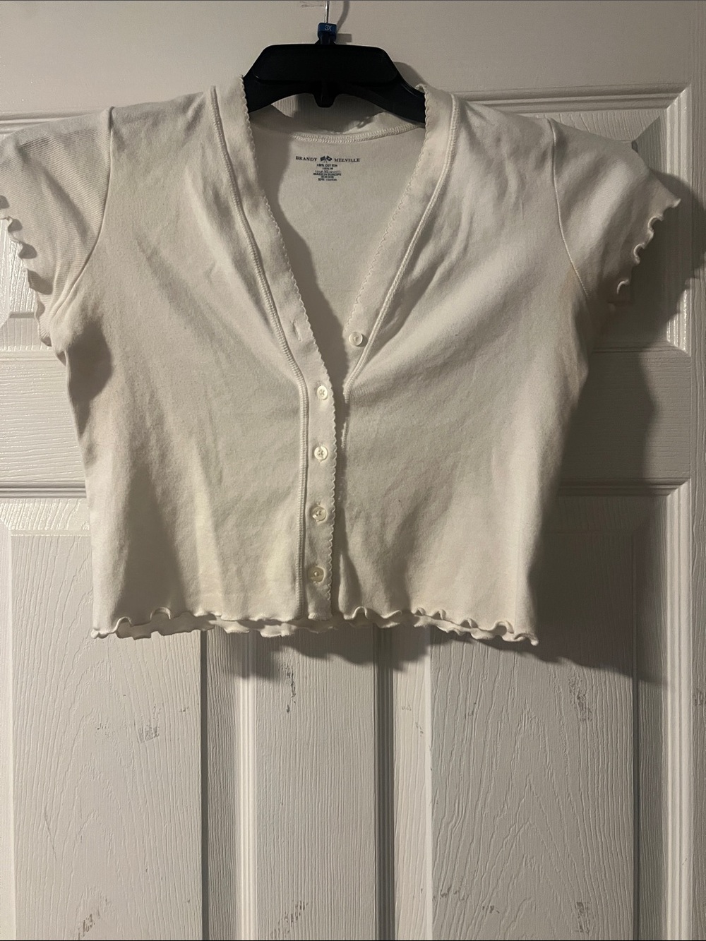 Brandy Melville Cream Ribbed Lettuce-Trim Button Crop Top